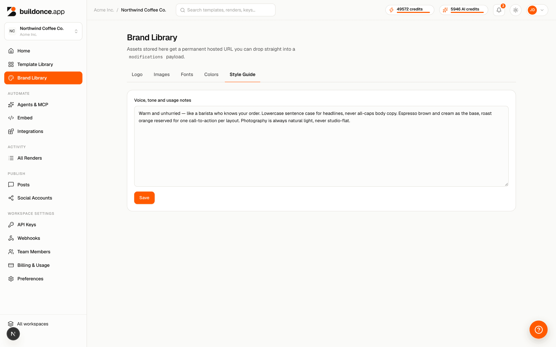 The Brand Library's Style Guide tab with freeform voice and usage notes
