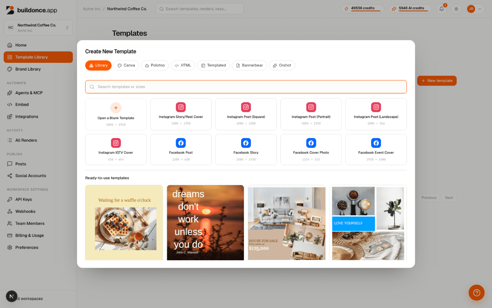 The Create New Template modal's Library tab showing size presets and a grid of ready-to-use catalog templates