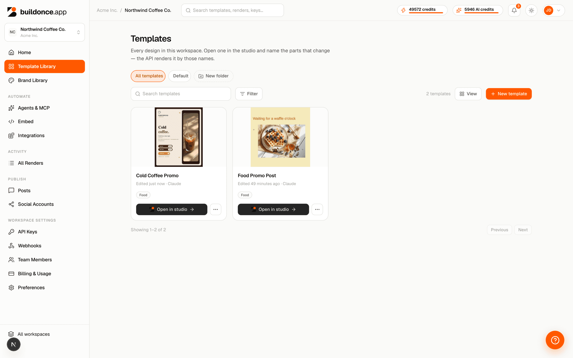 The template library showing folders and tag chips on template cards