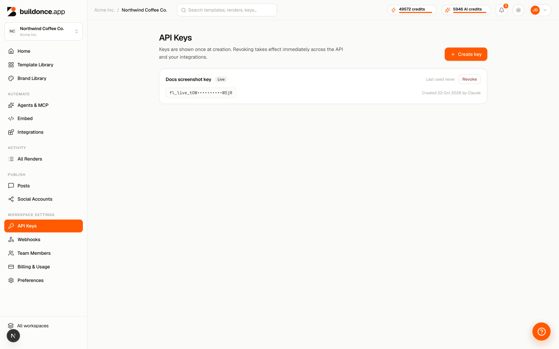 The API Keys settings page showing a created key