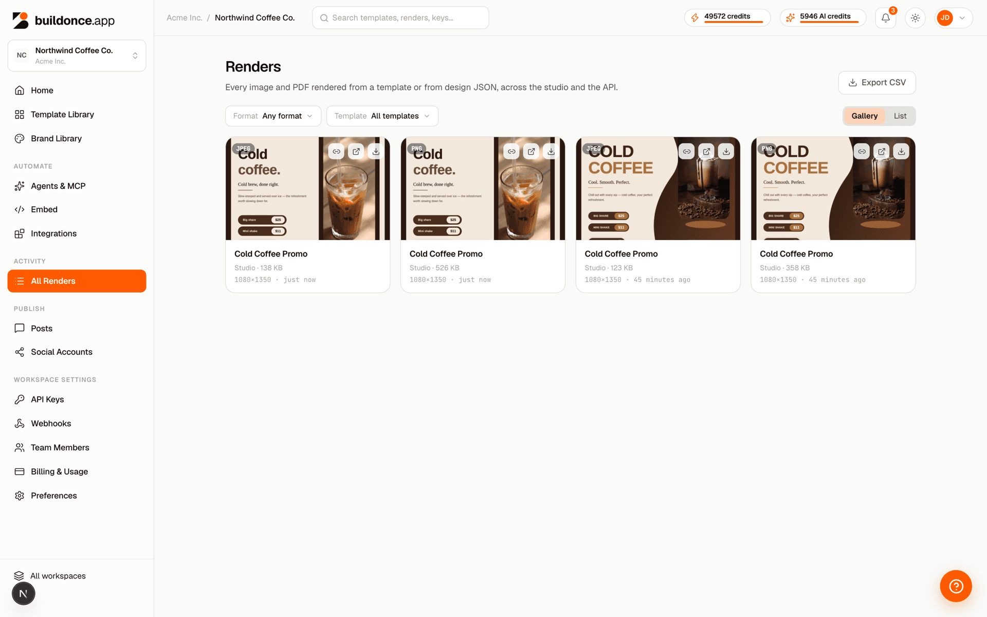 The dashboard's Renders gallery showing images and a video from one template