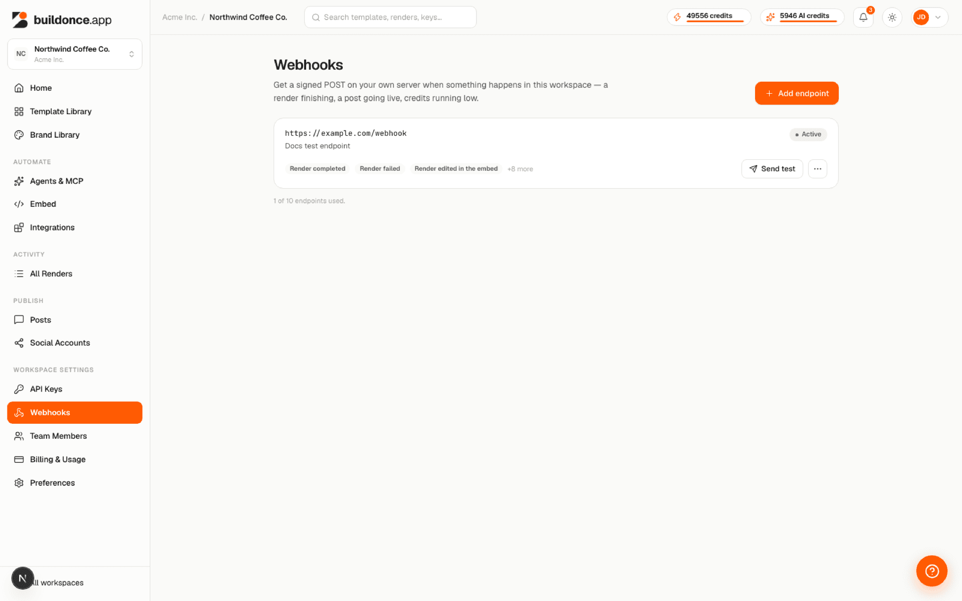 Settings → Webhooks listing a registered endpoint with its subscribed events and an active status badge