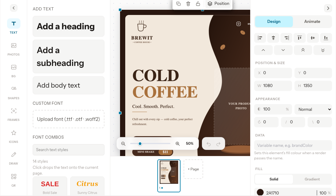 The buildonce.app studio editing the Cold Coffee Promo template